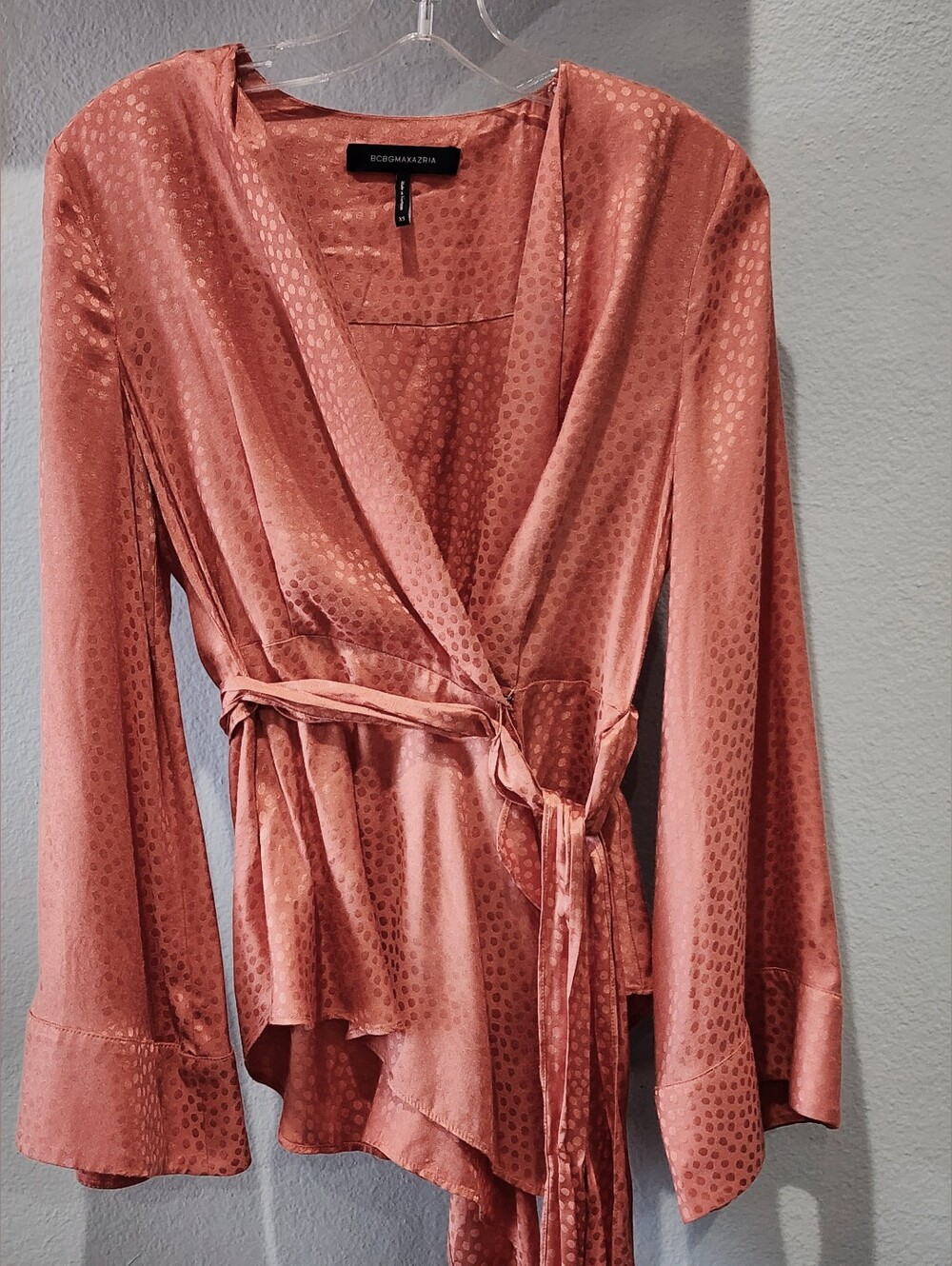 BCBG Max Azria | Textured Satin Bell Sleeve Wrap Top Blouse | Papaya | XS - Picture 9 of 12
